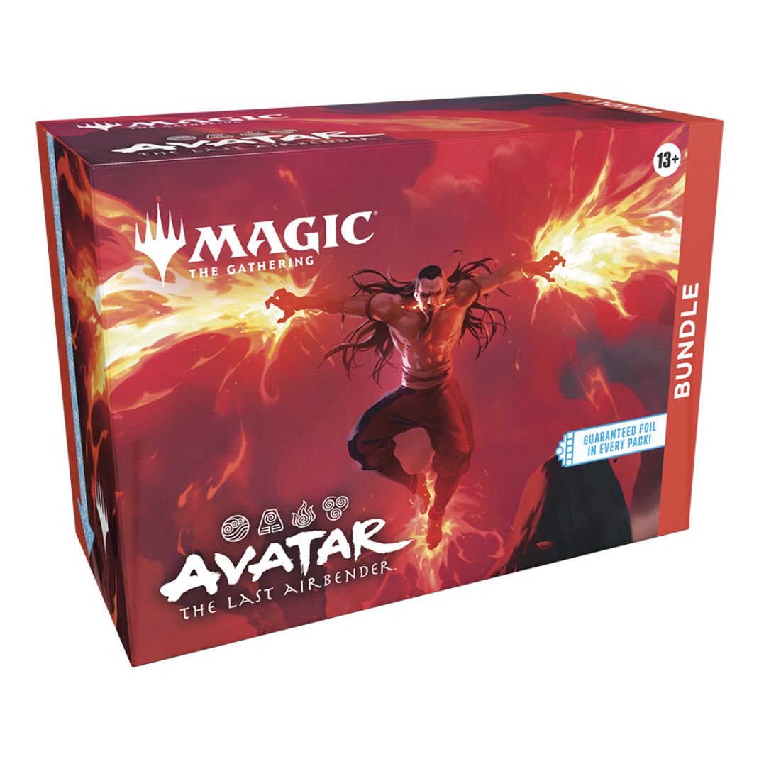 Magic: The Gathering – Avatar: The Last Airbender Bundle box showing Play Boosters, promo card, themed lands, and Avatar life counter