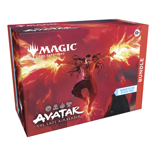Magic: The Gathering – Avatar: The Last Airbender Bundle box showing Play Boosters, promo card, themed lands, and Avatar life counter
