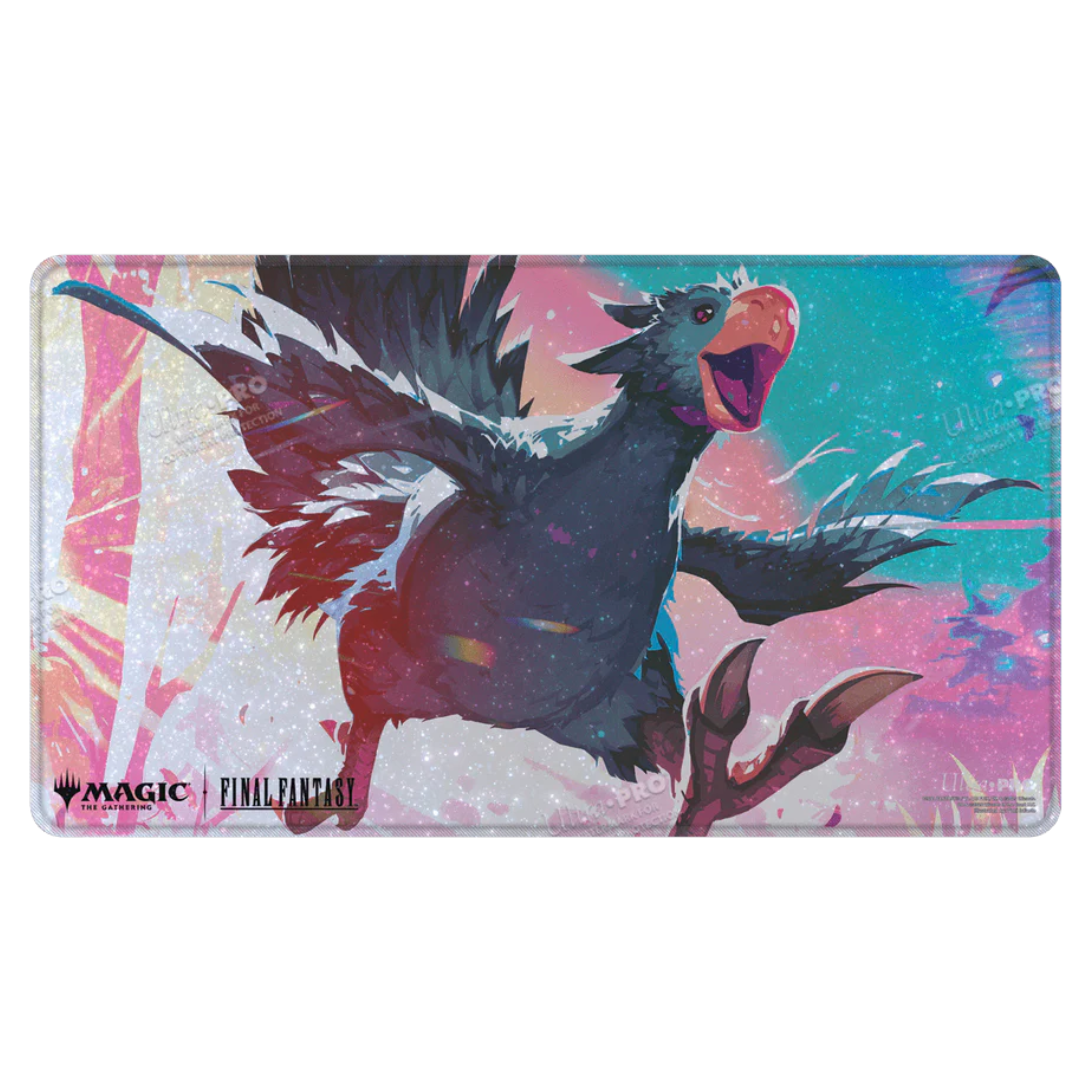A shimmering Holofoil playmat for Magic: The Gathering featuring a black Chocobo in stylized artwork by Toni Infante with premium stitched edges.