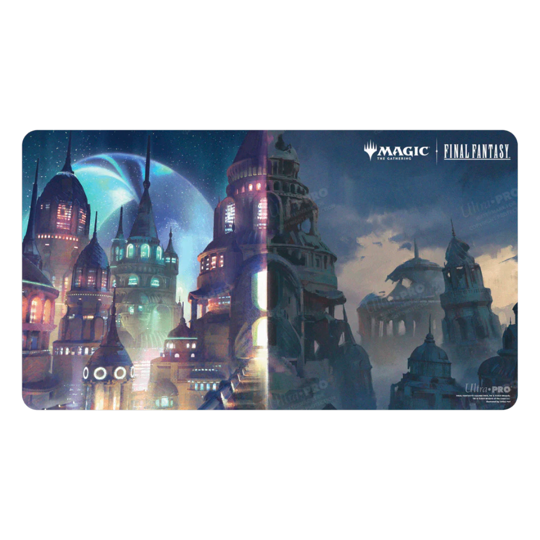 A premium Magic: The Gathering playmat featuring the ruins of Zanarkand from Final Fantasy X with vibrant lighting and a soft fabric surface.