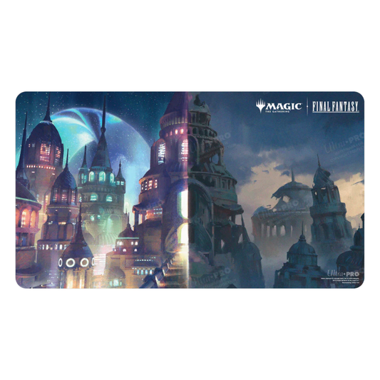 A premium Magic: The Gathering playmat featuring the ruins of Zanarkand from Final Fantasy X with vibrant lighting and a soft fabric surface.