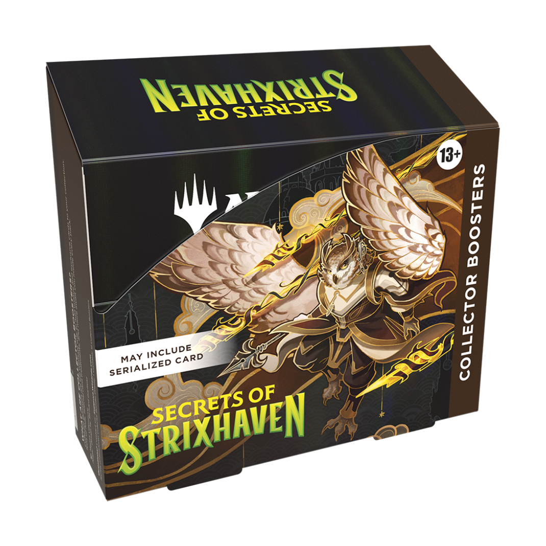 A sealed Magic: The Gathering Secrets of Strixhaven Collector Booster Display box featuring ornate gold and silver magical motifs and university architecture.