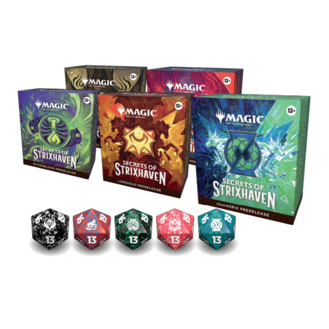 A Magic: The Gathering Secrets of Strixhaven Prerelease Kit box featuring the crest of a Strixhaven college and containing 6 booster packs and a spindown die.
