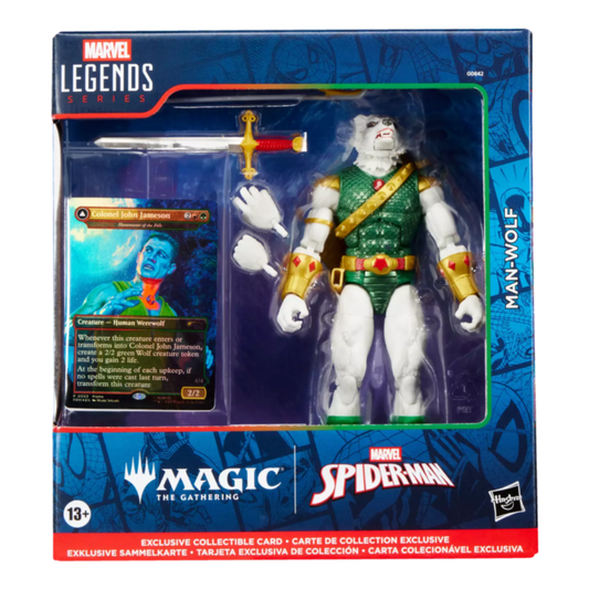 Packaged Marvel Legends Man-Wolf action figure display box, highlighting the included exclusive Magic: The Gathering promo card (Huntmaster of the Fells).