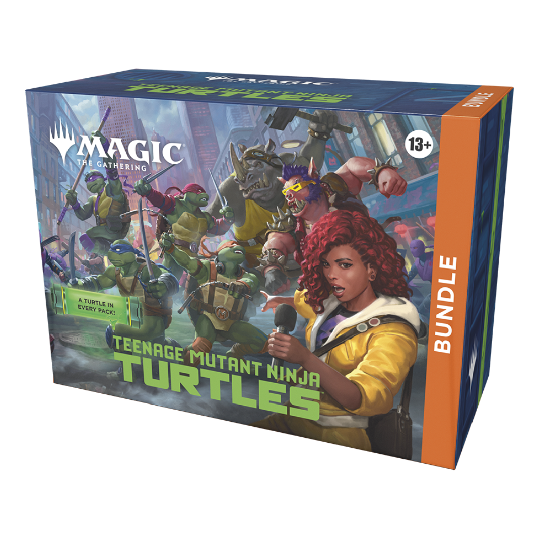 The Magic: The Gathering | Teenage Mutant Ninja Turtles Bundle box showcasing the four turtles in action, alongside the oversized Spindown die and land cards.