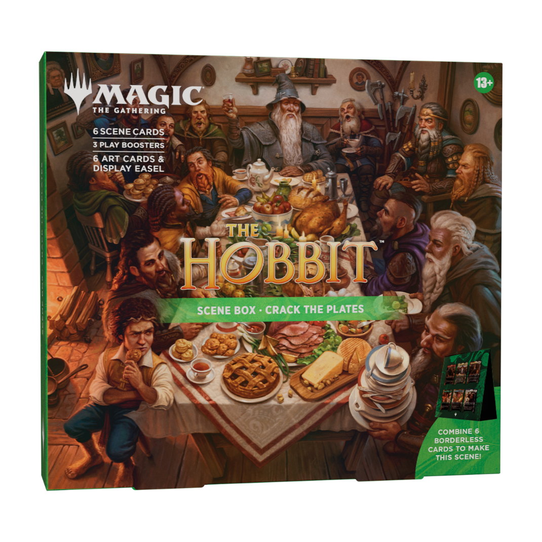 Magic The Gathering The Hobbit Scene Box Crack the Plates six traditional foil borderless scene cards display easel three Play Boosters sealed English pre-order