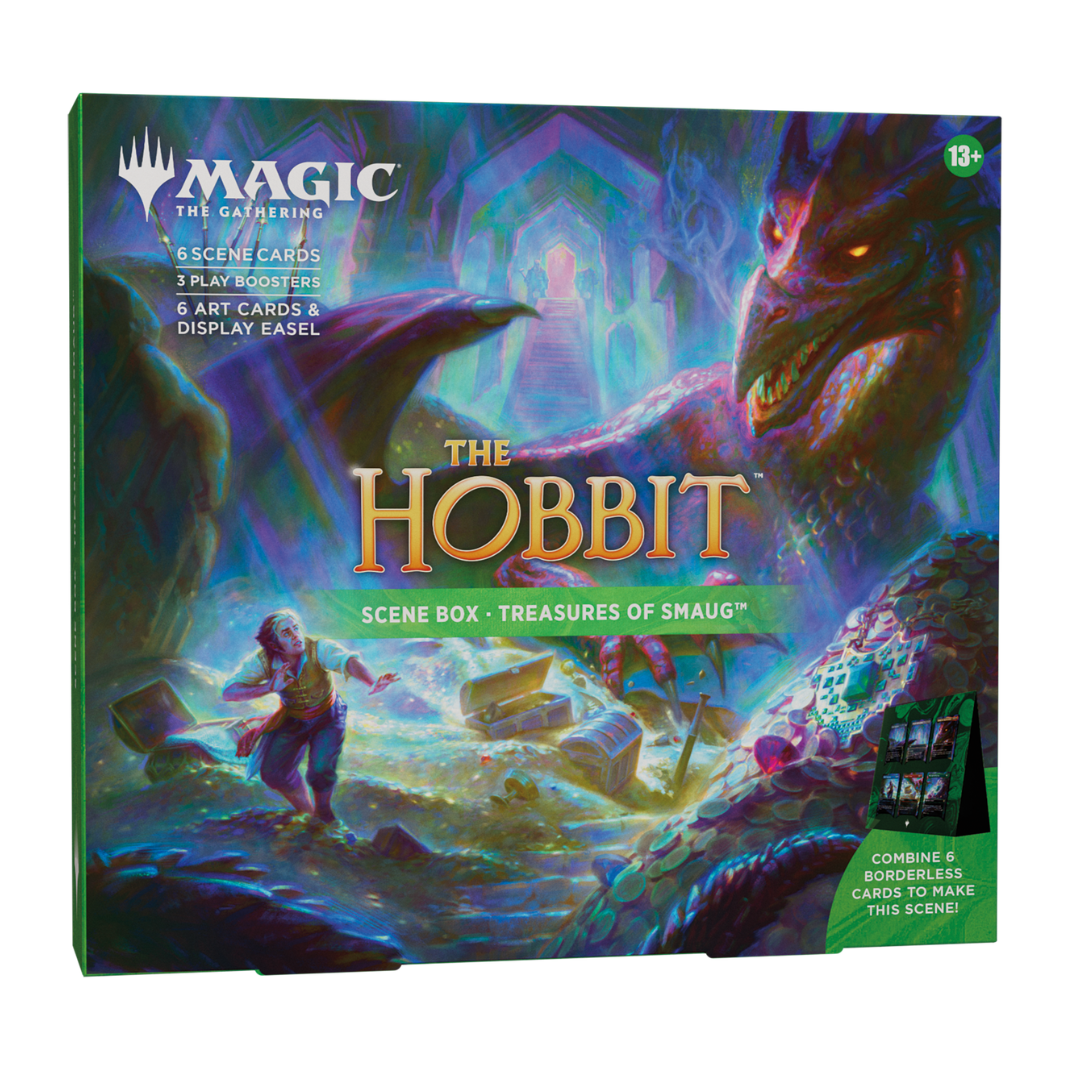 Magic The Gathering The Hobbit Scene Box Treasures of Smaug six traditional foil borderless scene cards display easel three Play Boosters sealed English pre-order