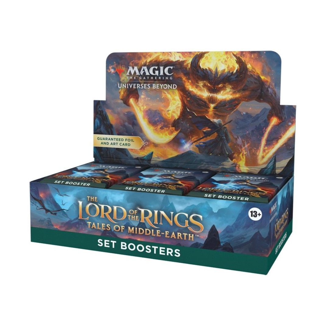Magic: The Gathering Tales of Middle-earth Set Booster Display box featuring Tolkien-inspired art and multiple booster packs