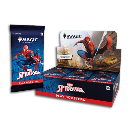Magic: The Gathering Spider-Man Play Booster Display box featuring Marvel crossover MTG cards with Spider-Man artwork.