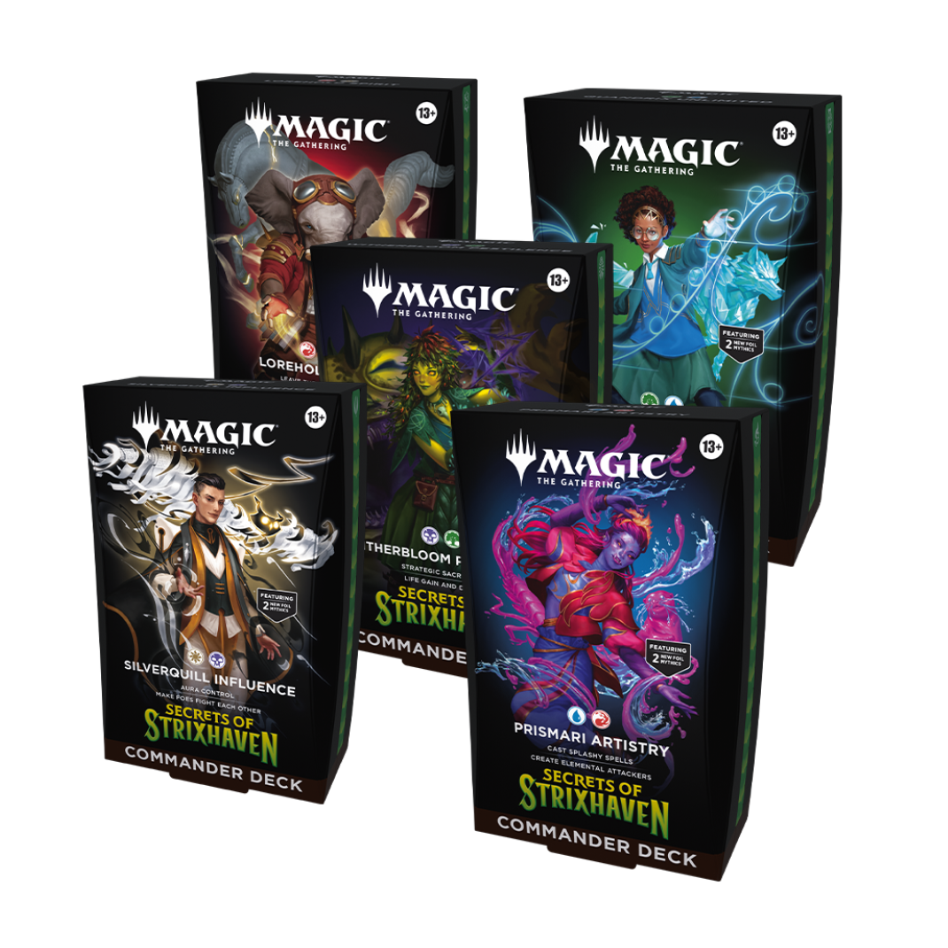 A collection of five different Magic: The Gathering Secrets of Strixhaven Commander Deck boxes, each representing a college with unique colors and legendary character art.