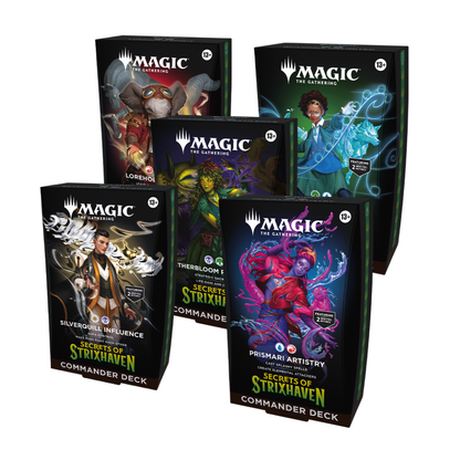 A collection of five different Magic: The Gathering Secrets of Strixhaven Commander Deck boxes, each representing a college with unique colors and legendary character art.