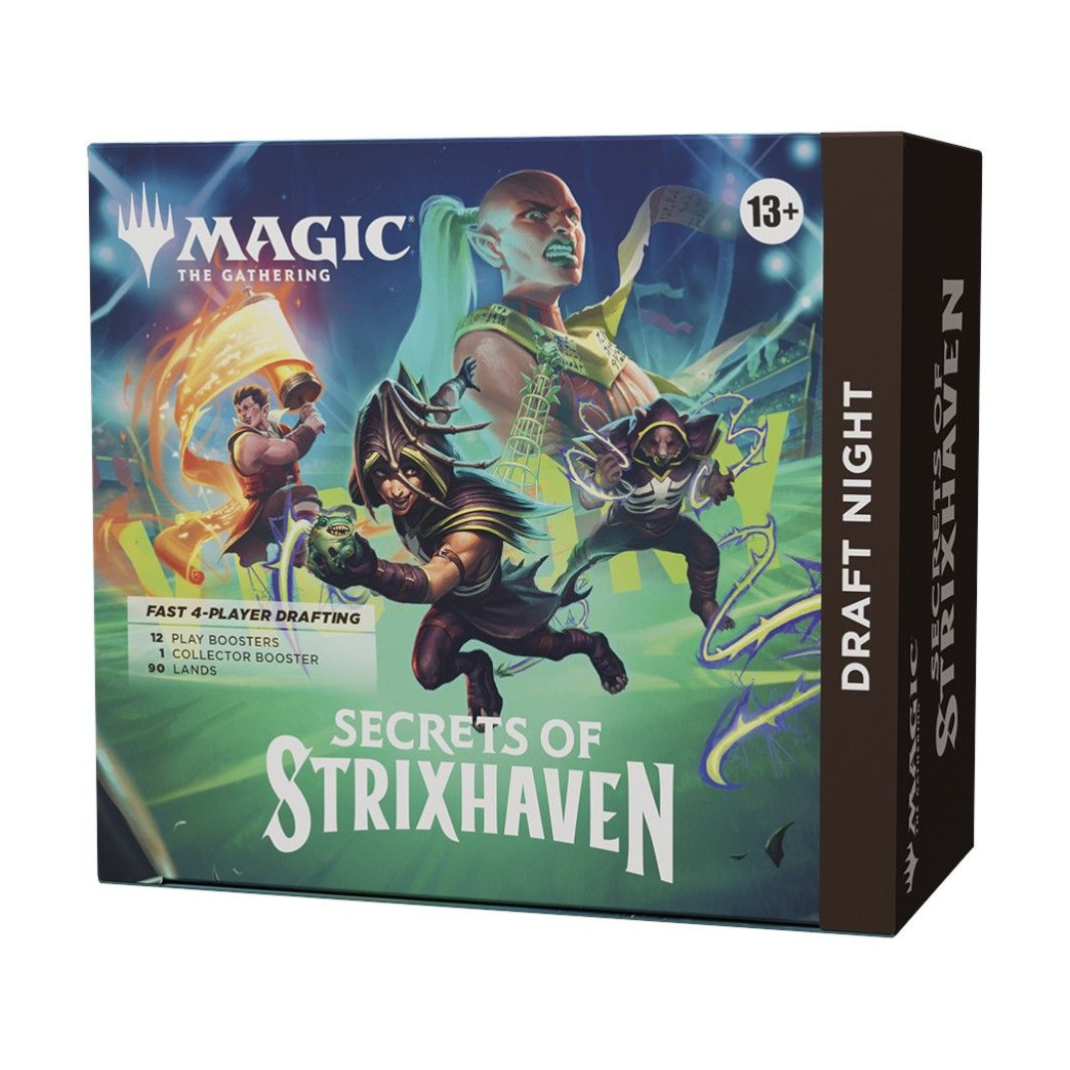 A Magic: The Gathering Secrets of Strixhaven Draft Night box open to reveal 12 Play Boosters, 1 Collector Booster, and stacks of basic land cards