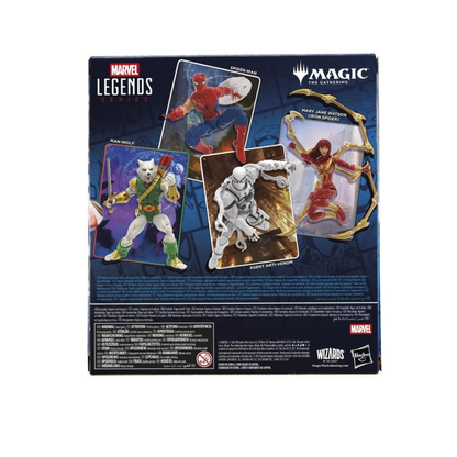 Marvel Legends and Magic: The Gathering action figure packaging with character images on a blue background.