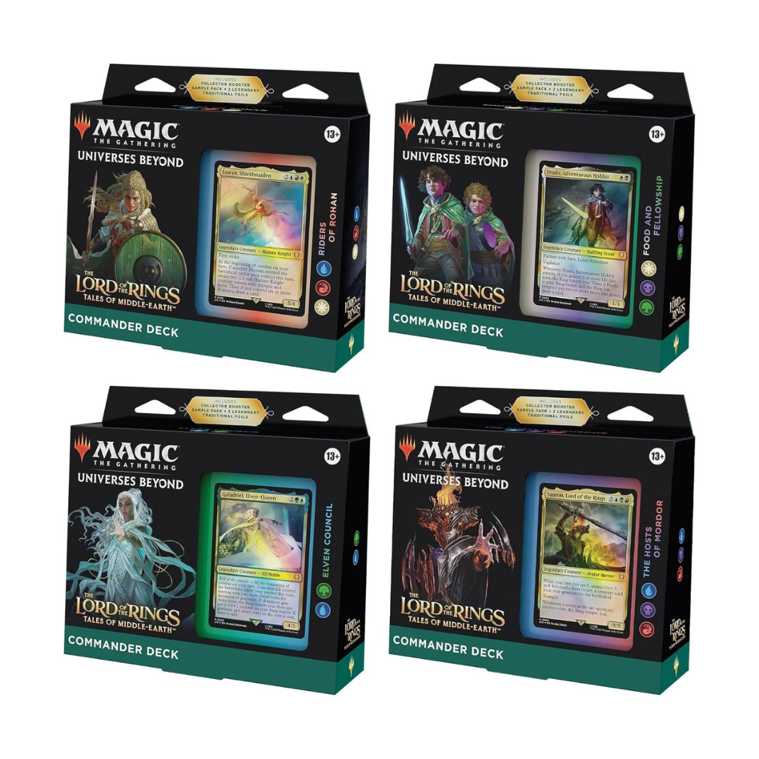Magic the Gathering Tales of Middle-Earth Commander Deck Display box set showing all four Lord of the Rings themed commander decks.