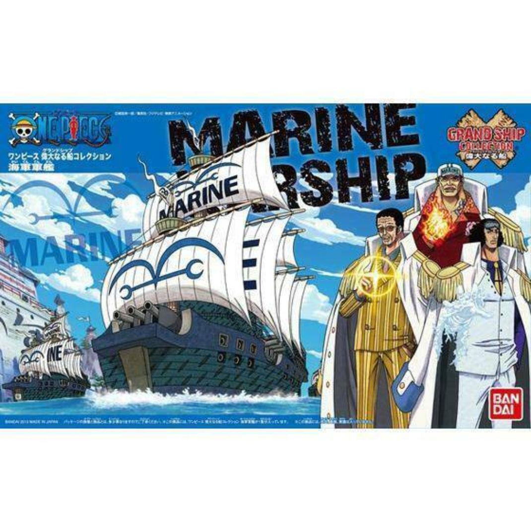 Official packaging box art for the One Piece Grand Ship Collection Marine Ship model kit showing the massive cream and blue battleship cruising through open ocean waters.