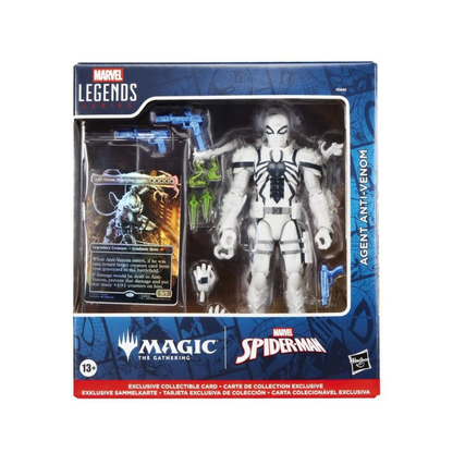 Packaged Marvel Legends Agent Anti-Venom action figure display box, highlighting the included exclusive Magic: The Gathering foil promo card.