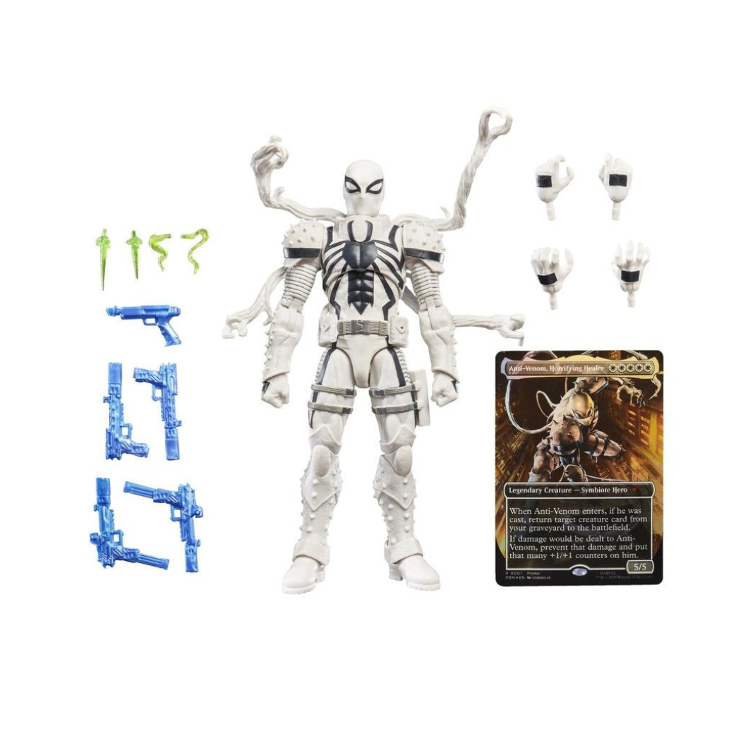 Packaged Marvel Legends Agent Anti-Venom action figure display box, highlighting the included exclusive Magic: The Gathering foil promo card.