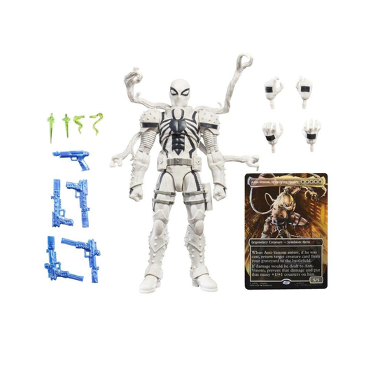 Packaged Marvel Legends Agent Anti-Venom action figure display box, highlighting the included exclusive Magic: The Gathering foil promo card.