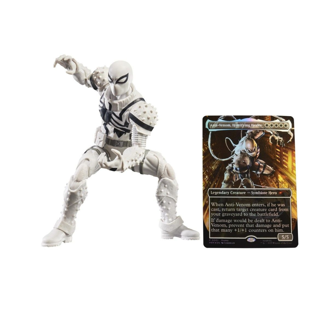 Packaged Marvel Legends Agent Anti-Venom action figure display box, highlighting the included exclusive Magic: The Gathering foil promo card.