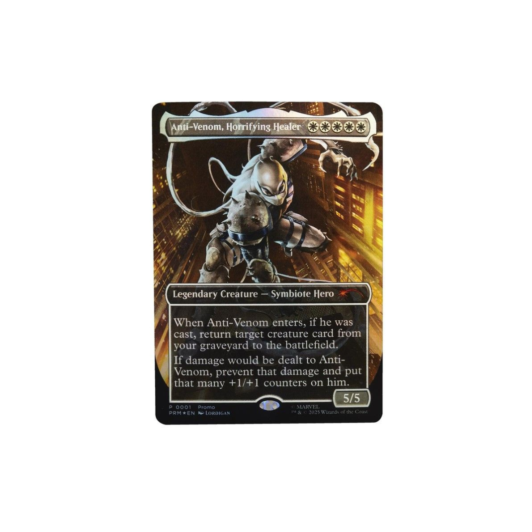 Packaged Marvel Legends Agent Anti-Venom action figure display box, highlighting the included exclusive Magic: The Gathering foil promo card.