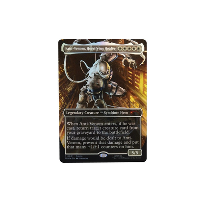 Packaged Marvel Legends Agent Anti-Venom action figure display box, highlighting the included exclusive Magic: The Gathering foil promo card.