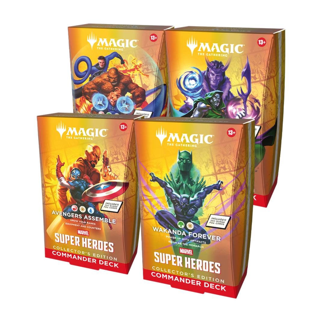 Magic The Gathering Marvel Super Heroes Commander Deck Collectors Edition Surge Foil all 4 decks Avengers Wakanda Fantastic Four Doom - Hobby Collectors Australia