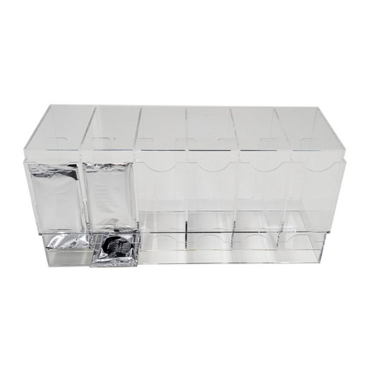 Max Protection Pack Dispenser 6-Slot Display showcasing trading card booster packs in a clear acrylic organizer