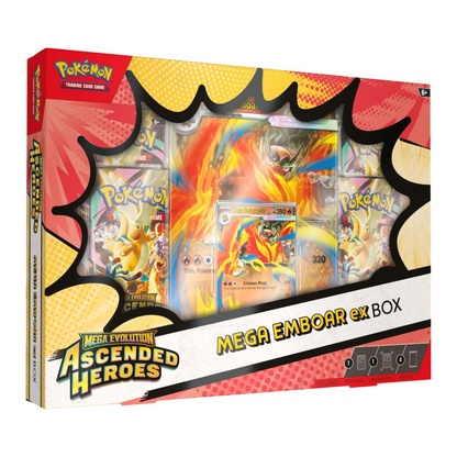 Pokémon TCG Mega Evolution Ascended Heroes ex Box featuring Mega Meganium, Mega Emboar, and Mega Feraligatr promotional packaging.