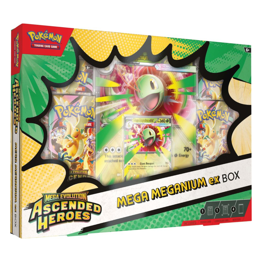 Pokémon TCG Mega Evolution Ascended Heroes ex Box featuring Mega Meganium, Mega Emboar, and Mega Feraligatr promotional packaging.