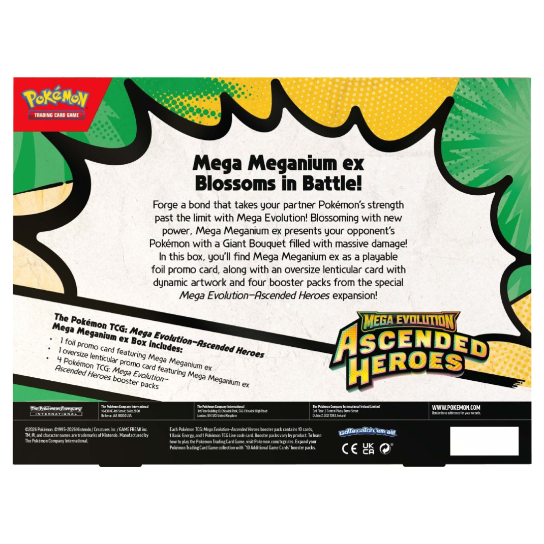 Pokémon TCG Mega Evolution Ascended Heroes ex Box featuring Mega Meganium, Mega Emboar, and Mega Feraligatr promotional packaging.