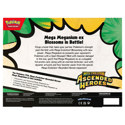 Pokémon TCG Mega Evolution Ascended Heroes ex Box featuring Mega Meganium, Mega Emboar, and Mega Feraligatr promotional packaging.