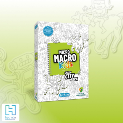 MicroMacro Kids: Crazy City Park board game box showing colourful forest and city illustrations with a magnifying glass.