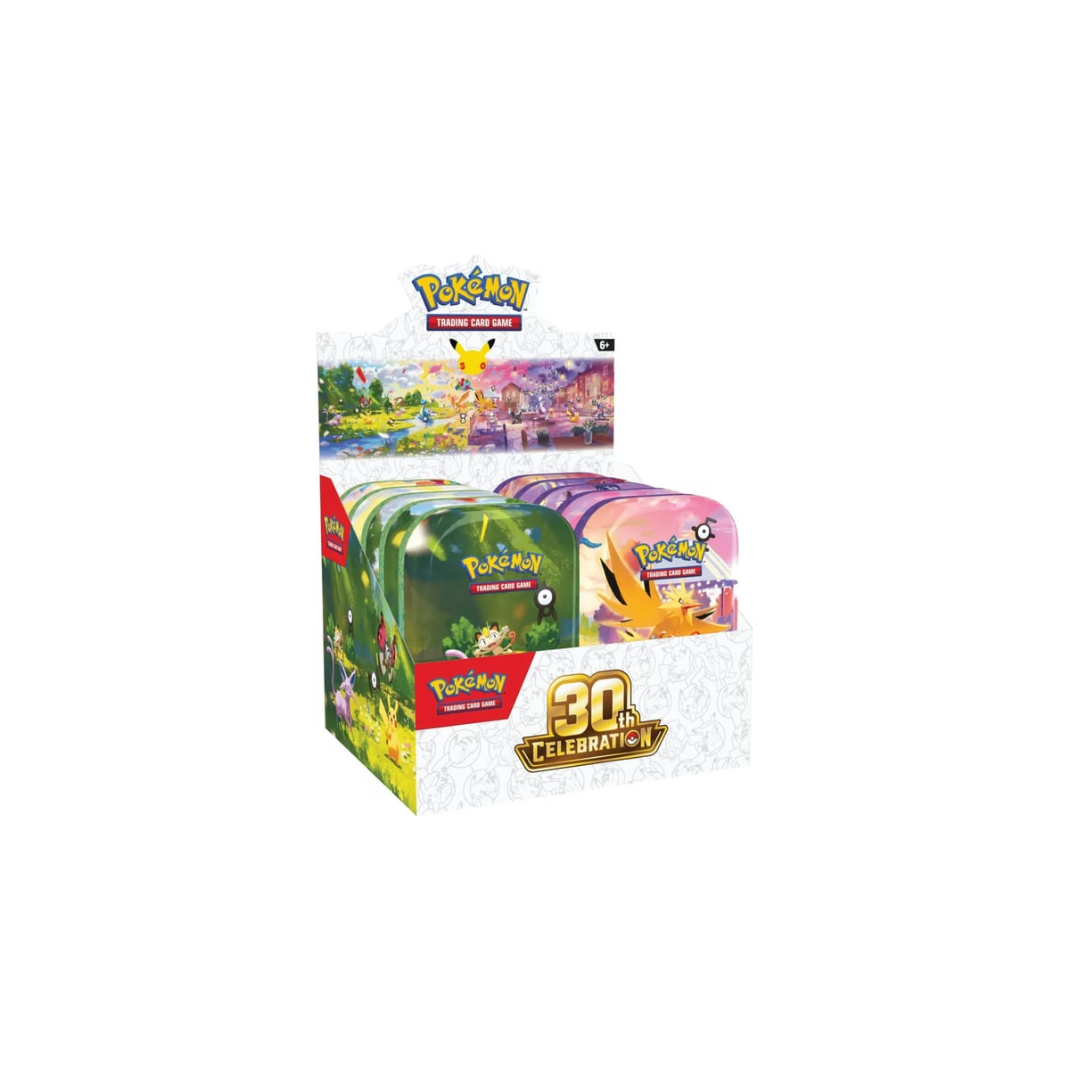 Pokémon TCG 30th Celebration Mini Tin, front of tin, one of 10 random Day and Night designs