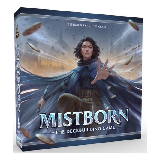 Board game box for 'Mistborn: The Deckbuilding Game' with a character in a blue cloak on the cover.