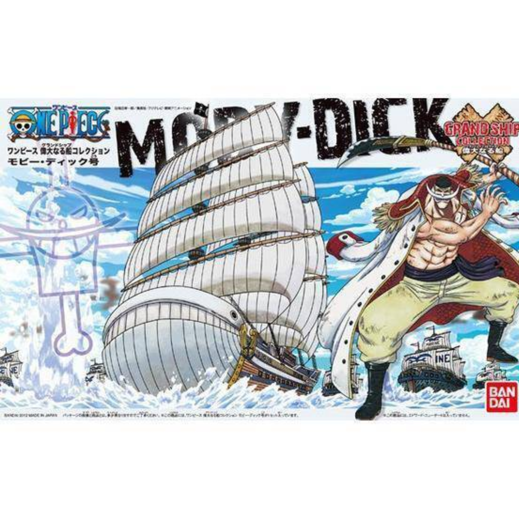 Official packaging box art for the One Piece Grand Ship Collection Moby Dick model kit showing the massive white whale pirate ship cruising under a clear blue sky.
