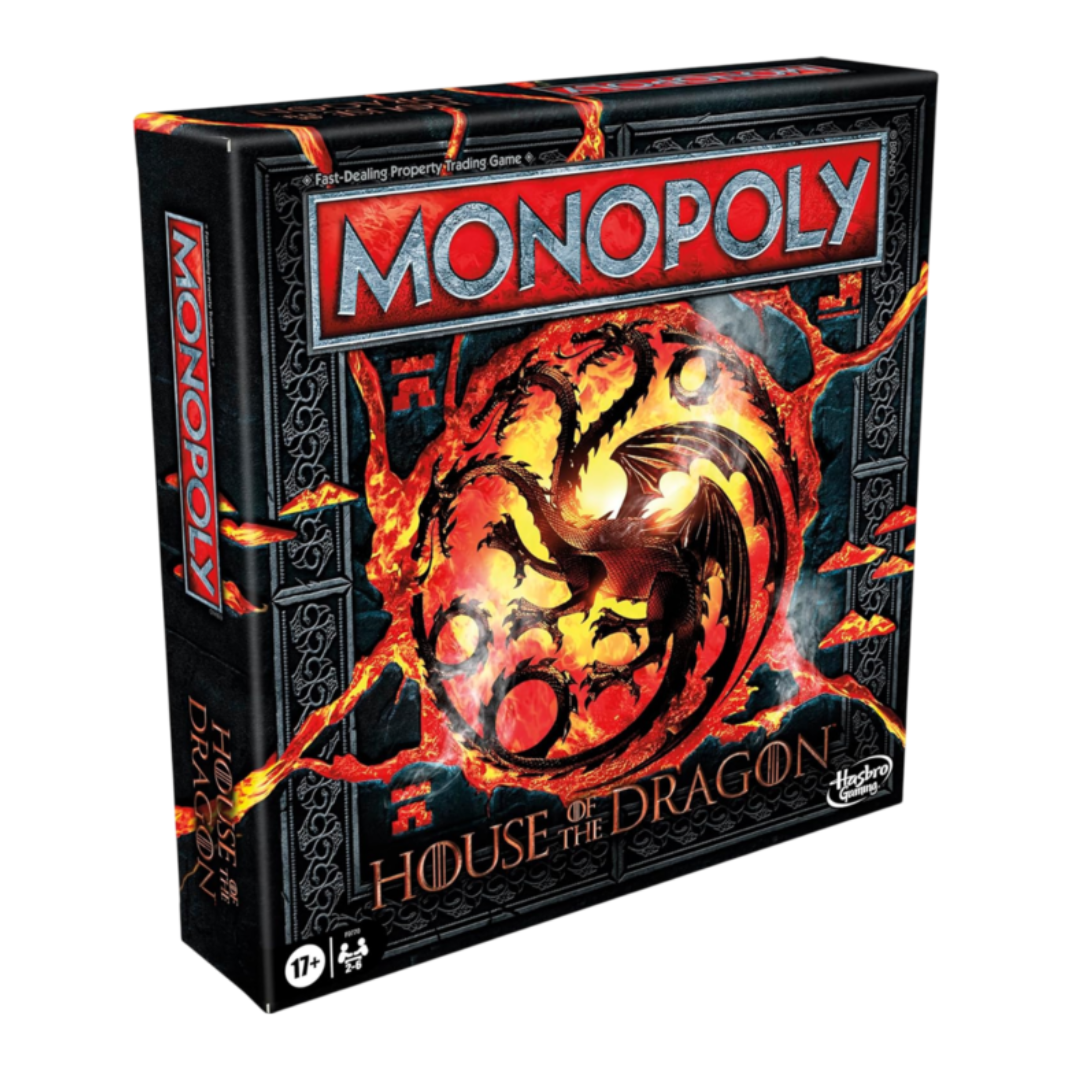 The Monopoly House of the Dragon Edition box art, featuring a golden dragon emblem and the six golden house tokens (Targaryen, Hightower, etc.) displayed in the foreground.