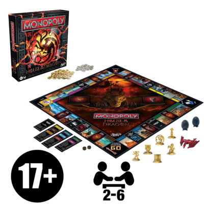 The Monopoly House of the Dragon Edition box art, featuring a golden dragon emblem and the six golden house tokens (Targaryen, Hightower, etc.) displayed in the foreground.