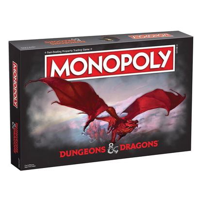 Monopoly Dungeons & Dragons board game box with a red dragon on a black background