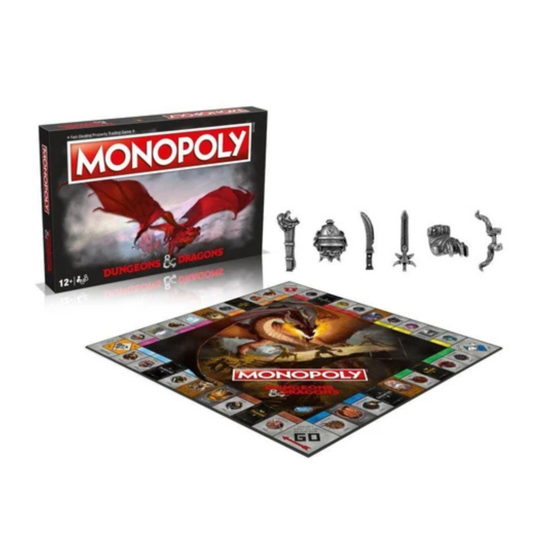 The Monopoly: Dungeons & Dragons edition board game box featuring a red dragon and adventurers, with the six custom metal tokens displayed in the foreground.