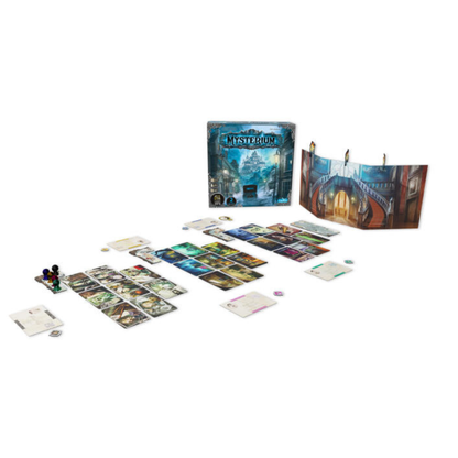 Box art for Mysterium Refresh (10th Anniversary Edition), featuring a group of mediums outside a haunted manor with a ghostly silhouette, indicating a cooperative mystery board game.