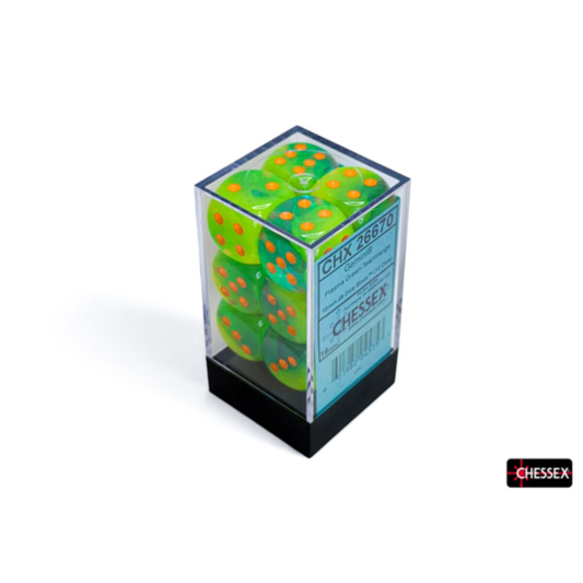 Chessex CHX 26670 dice block featuring 12 green and teal swirled 16mm d6 dice with orange pips and Luminary glow.