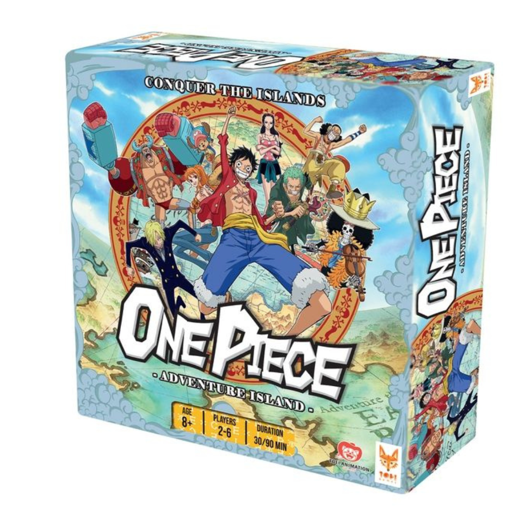 Box art and components for the One Piece: Adventure Island board game, featuring Luffy and the Straw Hat Pirates, a map, and character cards for a co-operative or competitive game experience.