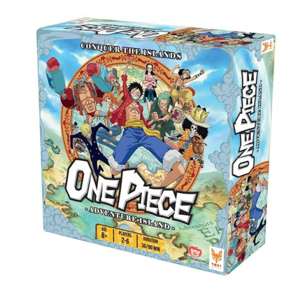 Box art and components for the One Piece: Adventure Island board game, featuring Luffy and the Straw Hat Pirates, a map, and character cards for a co-operative or competitive game experience.