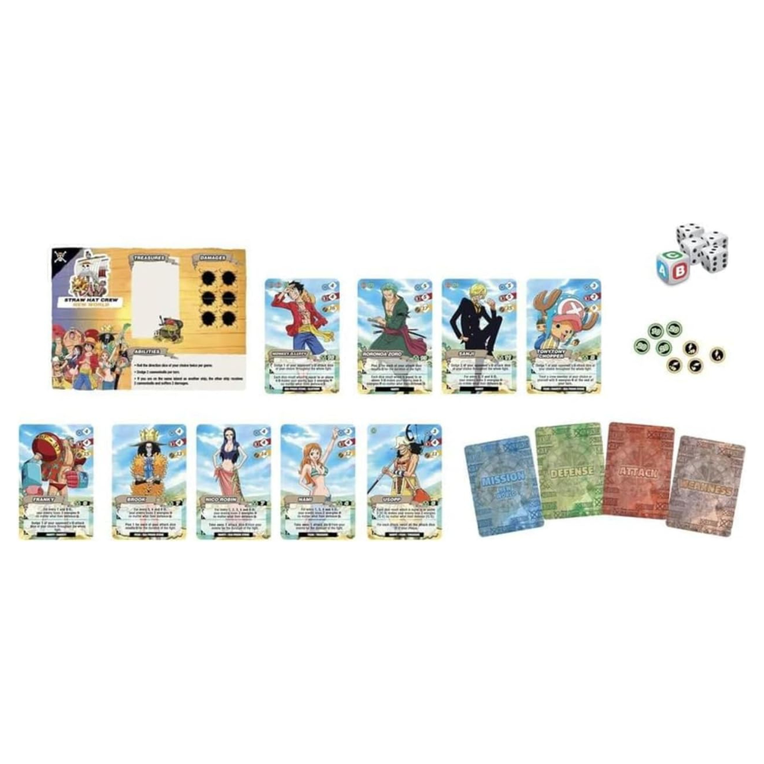 Box art and components for the One Piece: Adventure Island board game, featuring Luffy and the Straw Hat Pirates, a map, and character cards for a co-operative or competitive game experience.