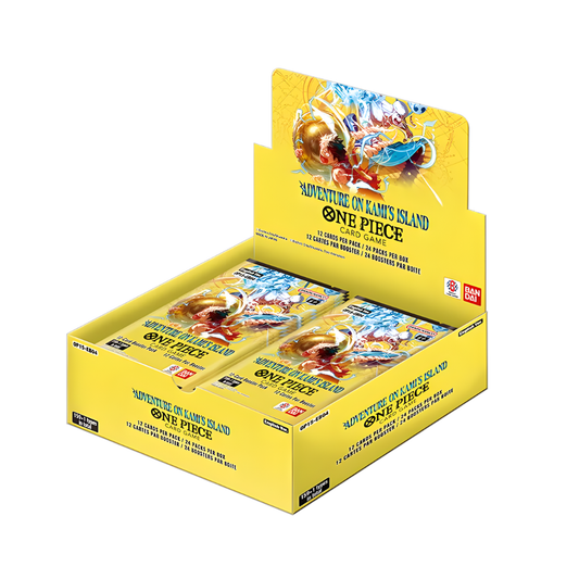 The One Piece Card Game Adventure on Kami's Island [OP-15] Booster Display box featuring Enel and the Straw Hat Pirates.