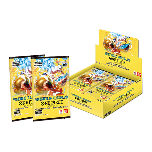 The One Piece Card Game Adventure on Kami's Island [OP-15] Booster Display box featuring Enel and the Straw Hat Pirates.