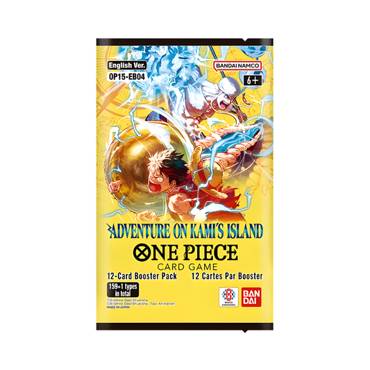 The One Piece Card Game Adventure on Kami's Island [OP-15] Booster Display box featuring Enel and the Straw Hat Pirates.
