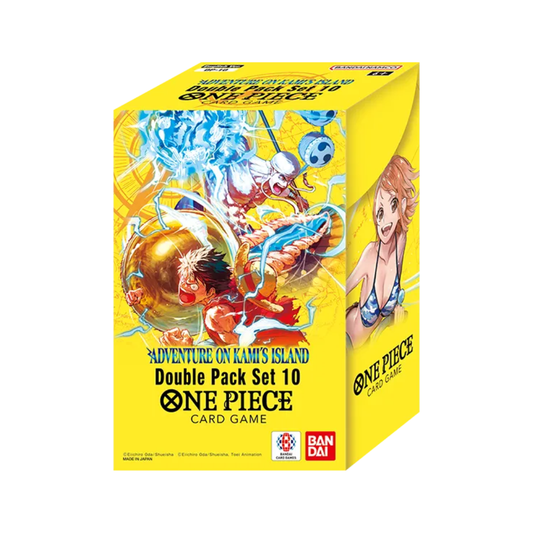 The One Piece Card Game Double Pack Set Vol. 10 [DP-10], featuring artwork of Luffy and Enel from the Skypiea Arc.