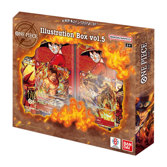The One Piece Card Game Illustration Box Vol. 5 [IB-05] packaging, displaying character art and the included booster packs from Two Legends and Premium Booster.