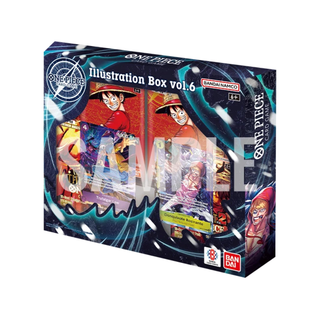 The One Piece Card Game Illustration Box Vol. 6 [IB-06] display box, showcasing exclusive promotion cards and booster packs from the OP-13 and PRB-02 sets.